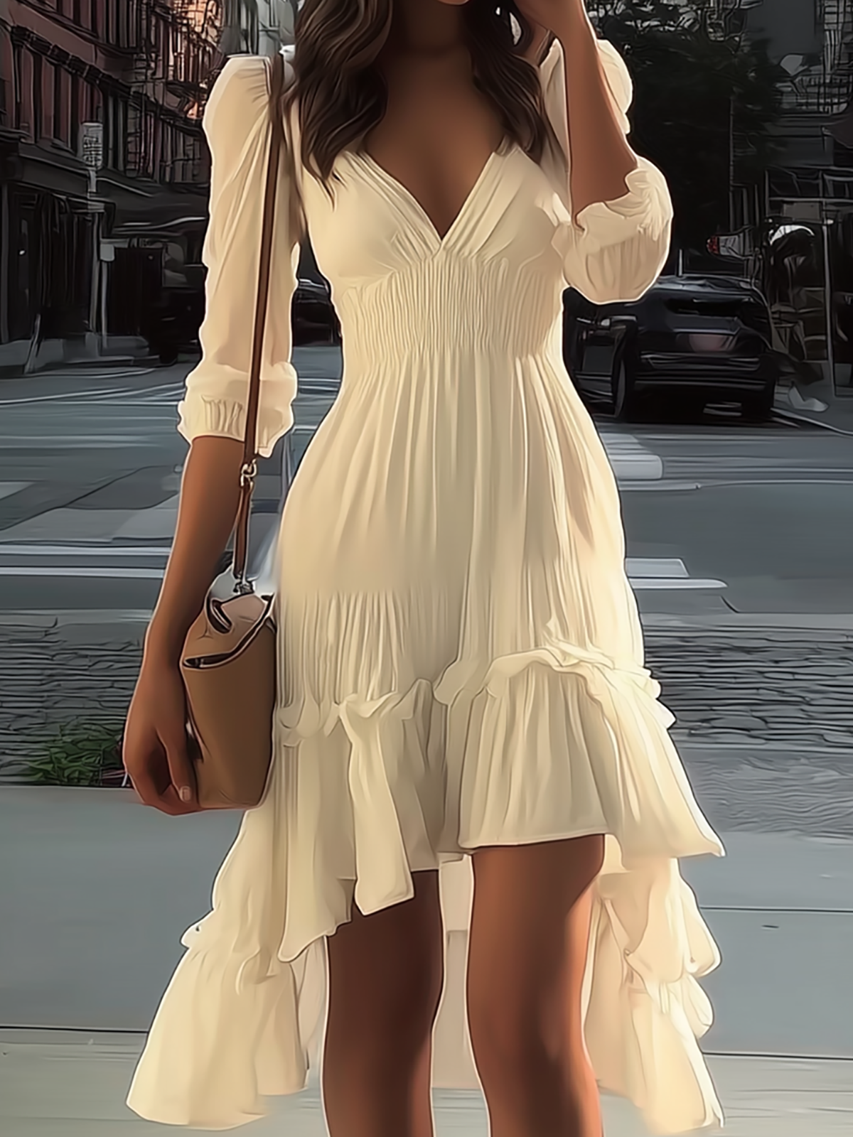 White V-Neck Midi Dress Smocked Waist Ruffle Hem