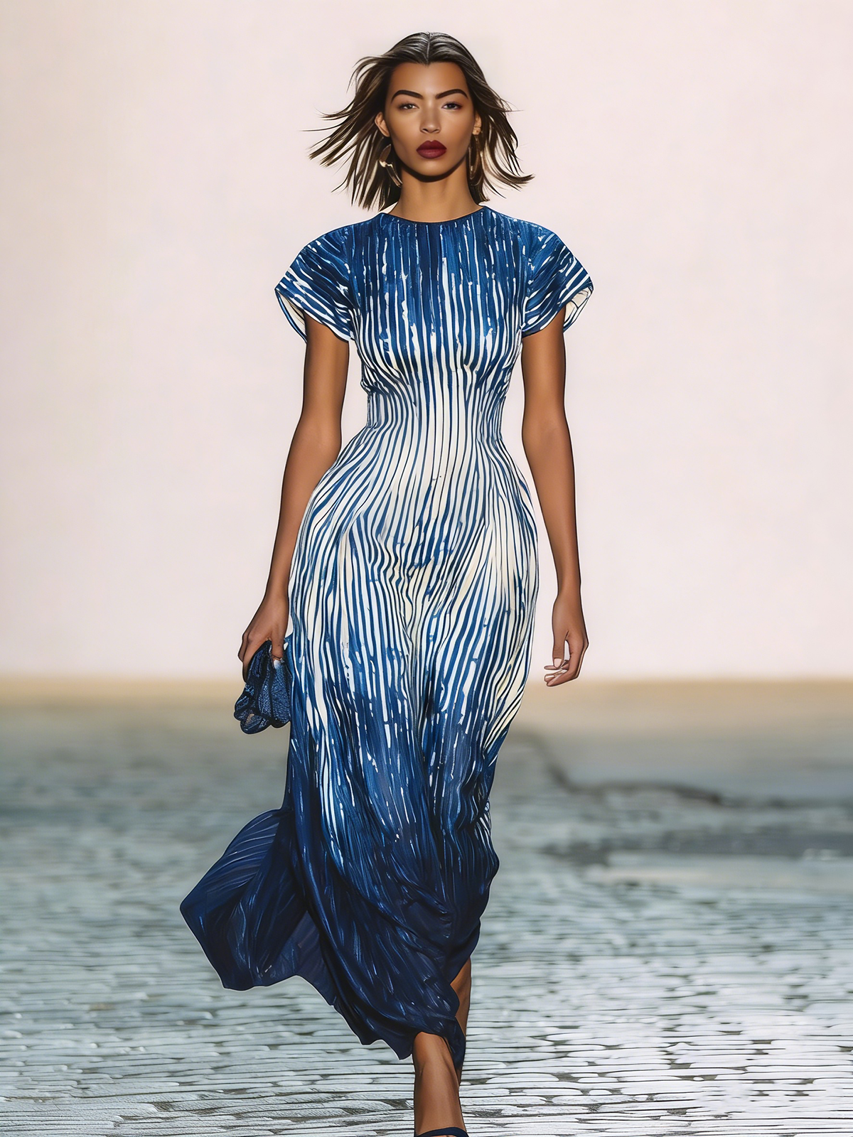 Blue Ombre Stripe Maxi Dress Short Sleeve Flowy