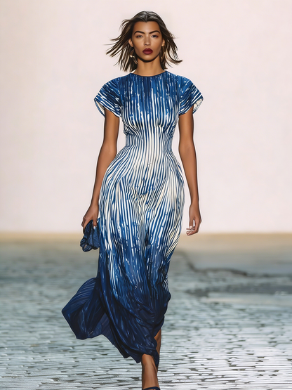 Blue Ombre Stripe Maxi Dress Short Sleeve Flowy