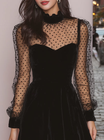 Black Velvet Mini Dress with Mesh Polka Dot Sleeves