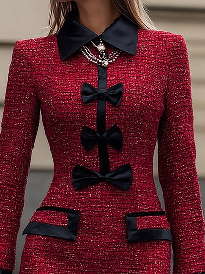 Red Tweed Mini Dress with Black Bow Trim
