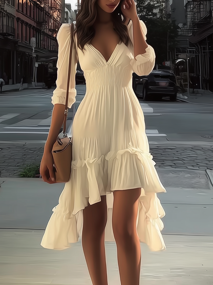 White V-Neck Midi Dress Smocked Waist Ruffle Hem