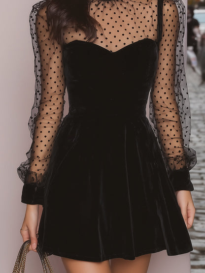 Black Velvet Mini Dress with Mesh Polka Dot Sleeves
