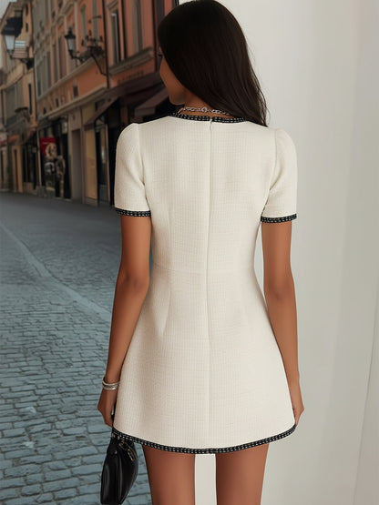 Cream Tweed Mini Dress with Black Trim Button Front Style