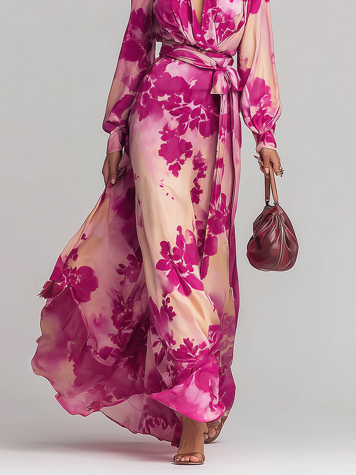 Pink Floral Maxi Dress Deep V-Neck Wrap Tie Waist