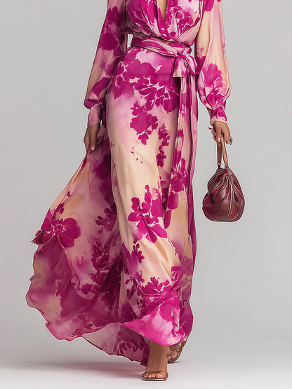 Pink Floral Maxi Dress Deep V-Neck Wrap Tie Waist