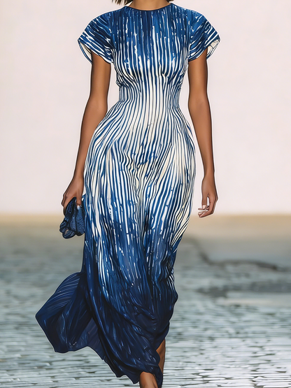 Blue Ombre Stripe Maxi Dress Short Sleeve Flowy