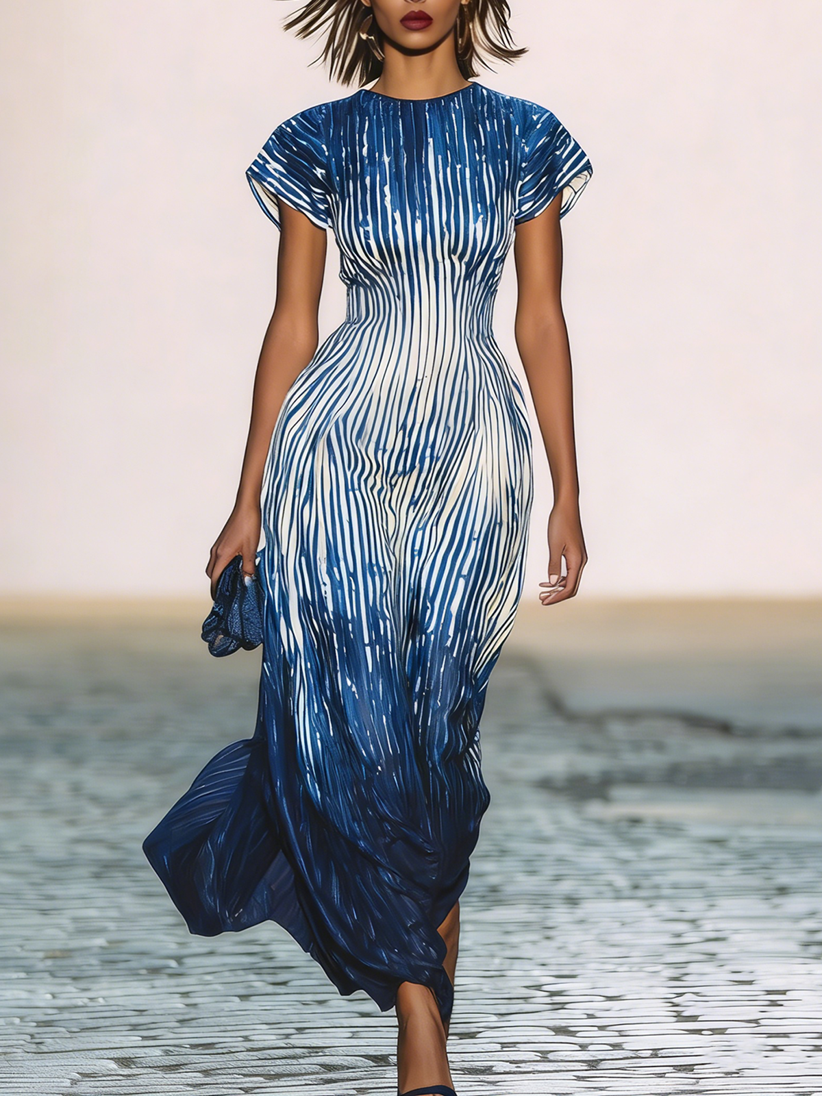 Blue Ombre Stripe Maxi Dress Short Sleeve Flowy