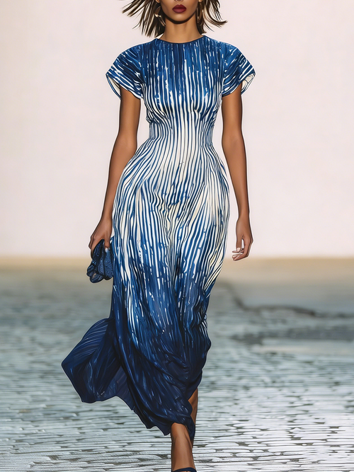 Blue Ombre Stripe Maxi Dress Short Sleeve Flowy