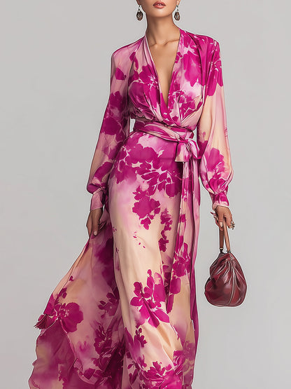 Pink Floral Maxi Dress Deep V-Neck Wrap Tie Waist