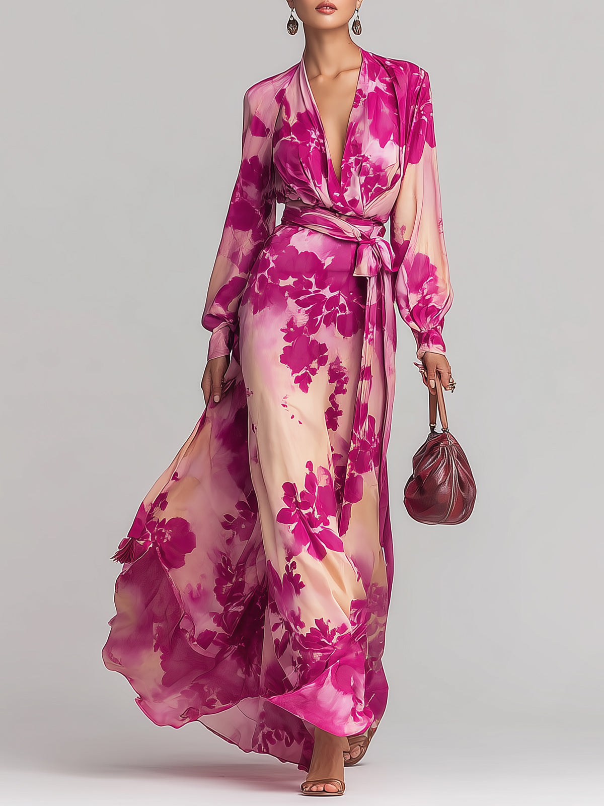 Pink Floral Maxi Dress Deep V-Neck Wrap Tie Waist