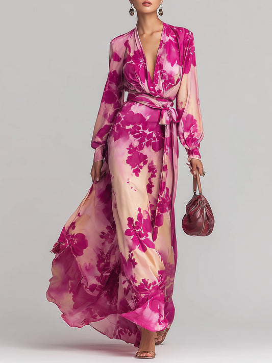 Pink Floral Maxi Dress Deep V-Neck Wrap Tie Waist